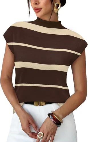Vista 10 de Sampeel Suéter de manga corta para mujer, cuello alto, para verano, elegante, informal, básico, de punto