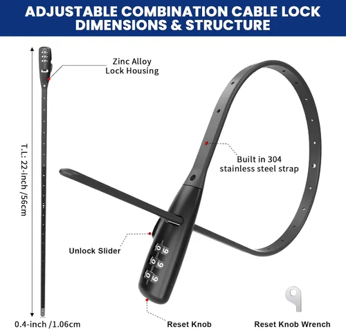 Vista 2 de WARLION Cerradura de Brida con Cremallera - Cerradura de Cable Ajustable de 3 Dígitos, para Portabicicletas, Casco de Motocicleta, Patineta, Esquís