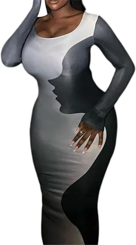 Vista 9 de Vestido largo ajustado de manga larga Y2k con cuello cuadrado para mujer, vestido de cóctel con estampado de cara de retazos