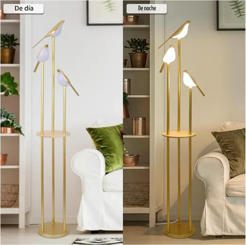 Vista 6 de Lámparas de pie doradas para sala de estar, lámpara de pie moderna con estantes, lámpara de pie de mediados de siglo con 3 luces LED de pájaro