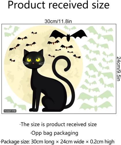 Vista 5 de Calcomanías de Halloween que brillan en la oscuridad, calcomanías de pared luminosas con bonitos diseños de murciélagos de gato, decoraciones que