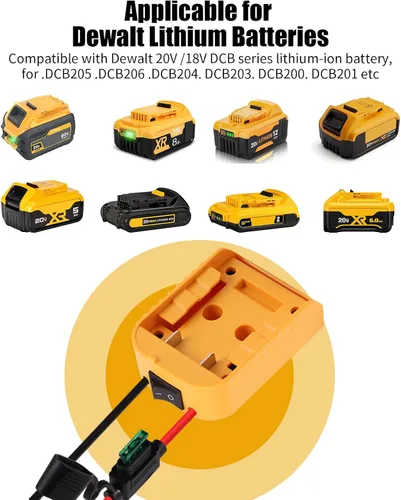 Vista 4 de Adaptador de ruedas eléctricas para Dewalt Adaptador de batería de 20 V, kit de conversión de batería con interruptor, terminales de cable