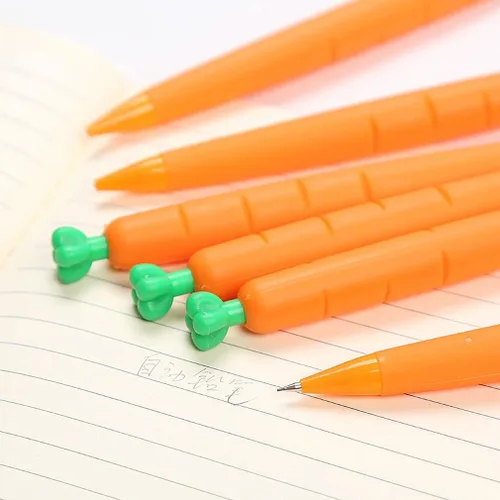 Vista 4 de sencoo Paquete de 4 lápices mecánicos de zanahoria, papelería creativa para estudiantes, regalo de cumpleaños, premio escolar, regalo para niños