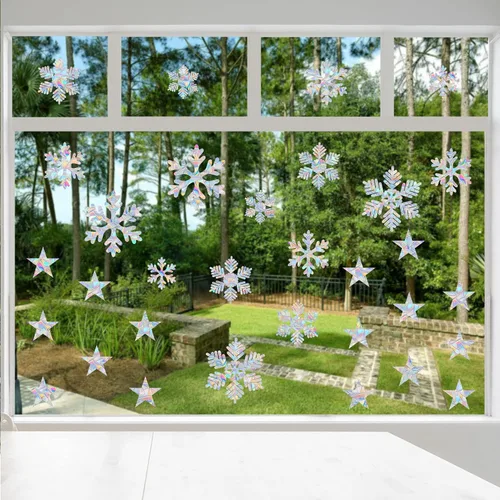 Vista 4 de 16 calcomanías de copo de nieve y 16 piezas de estrellas para ventanas de golpes de pájaros, calcomanías anticolisión para salvar a los pájaros