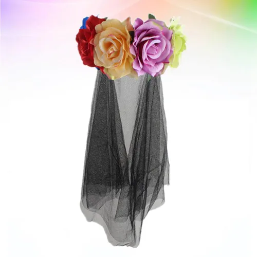 Vista 2 de Velo floral rosa rosa corona velo de Halloween velo negro novias tiara negra Halloween Cosplay accesorios diadema mexicana Día de los Muertos