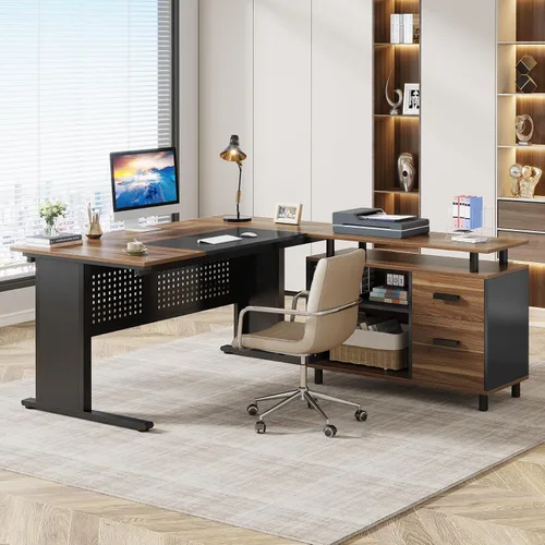 Vista 7 de LITTLE TREE Escritorio grande para computadora con archivador, escritorio ejecutivo en forma de L de 63 pulgadas con cajones y estantes