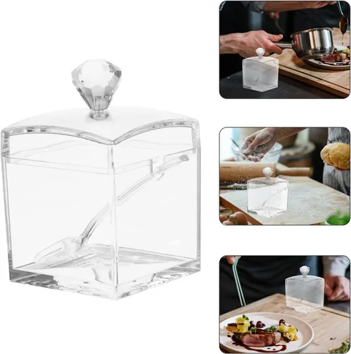 Vista 9 de Hemoton Tarros de cruet - Azucarero cuadrado con tapa y cuchara transparente para dulces, caja de condimentos transparente, olla de sal
