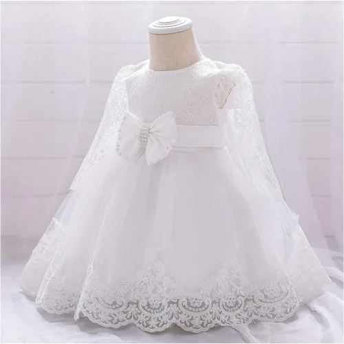 Vista 2 de HIHCBF Vestido de bautizo con tutú de encaje de manga larga con lazo para bebé, 1er cumpleaños, para boda, bautizo, tutú