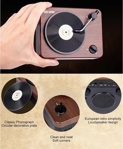 Vista 3 de Docooler Altavoz Bluetooth retro, reproductor de discos de vinilo, receptor Bluetooth integrado y altavoces estéreo, altavoces Bluetooth portátiles