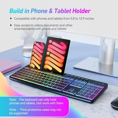 Vista 4 de Combo de teclado y mouse inalámbricos con retroiluminación, 2.4G de tamaño completo, ergonómico, recargable, teclado de computadora con soporte