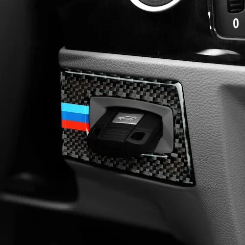 Vista 7 de Calcomanía de fibra de carbono para marco del botón de arranque del motor del coche, cubierta decorativa compatible con BMW E90 E92 E93 2006 2007
