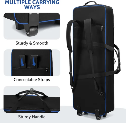 Vista 5 de BOSSTIN Funda para teclado de 61 teclas con ruedas, bolsa de piano rodante 61 Llave azul