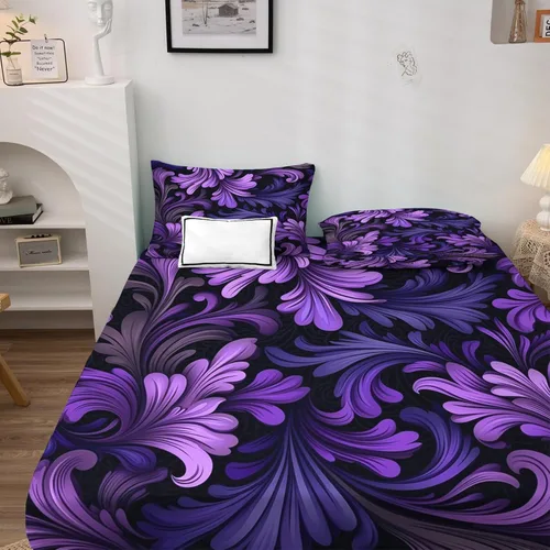 Vista 2 de Sábanas de hojas moradas, tamaño Queen, sábanas de hojas, sábanas y fundas de almohada estampadas de 4 piezas, sábana bajera ajustable de microfibra