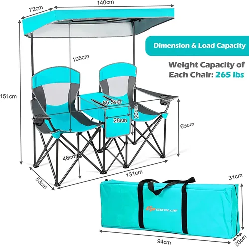 Vista 6 de LUARANE - Silla de camping doble con toldo de sombra, silla portátil de camping de playa con mini mesa soporte para bebidas, bolsa de transporte