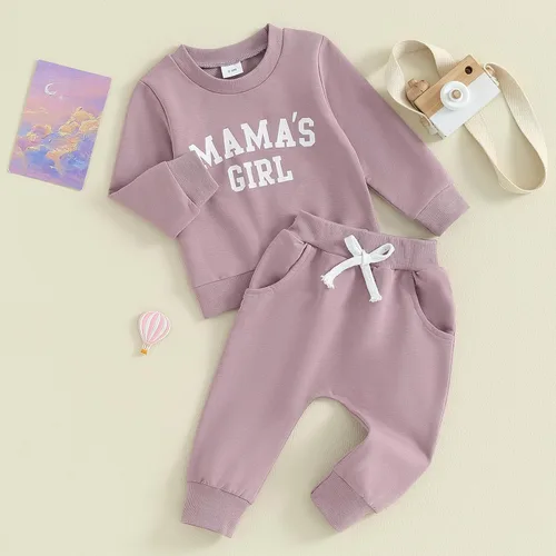 Vista 2 de Foidiccx Conjunto de ropa de 2 piezas de sudadera de manga larga para bebé niña pequeña para otoño e invierno, B-violeta-2&mamas chica