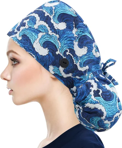 Vista 9 de QBA Gorra de trabajo ajustable con botón, gorro forrado de satén, gorro de trabajo de algodón, banda elástica para atar en la espalda, unisex