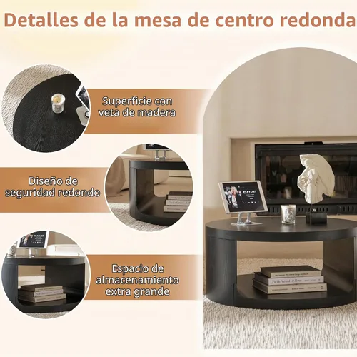 Vista 3 de Mesa de centro redonda negra con almacenamiento, mesa de sala de estar Negro