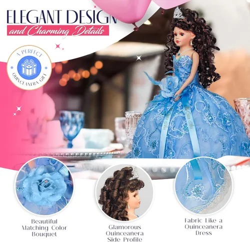 Vista 4 de KINNEX COLLECTIONS SINCE 1997 Muñeca de porcelana de 18 pulgadas de paraguas de quinceañera (Quince Años) KK18725-4 (Azul bebé)