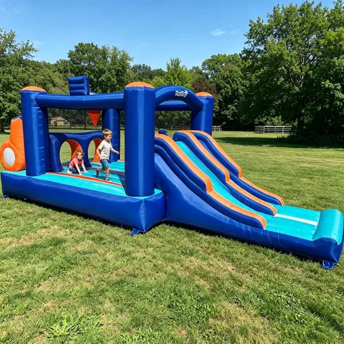 Vista 8 de Casa de Rebote Inflable con Pista de Obstáculos para Niños - 2 Toboganes de Carreras, Área de Salto, Túnel y Paredes de Escalada con Soplador
