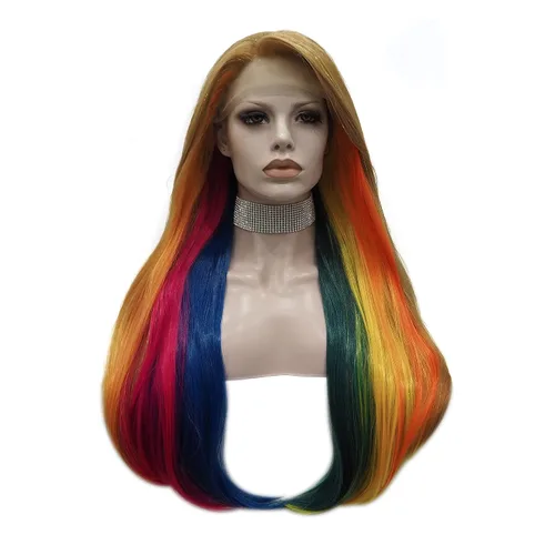 Vista 7 de IMSTYLE Pelucas sintéticas rectas con encaje frontal de colores arcoíris de 26 pulgadas, línea de cabello natural para Halloween, cosplay, fiesta