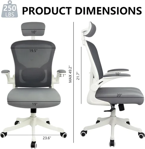 Vista 2 de Silla de escritorio ergonómica, soporte lumbar y reposacabezas 3D, silla de oficina en casa con respaldo de malla (gris)