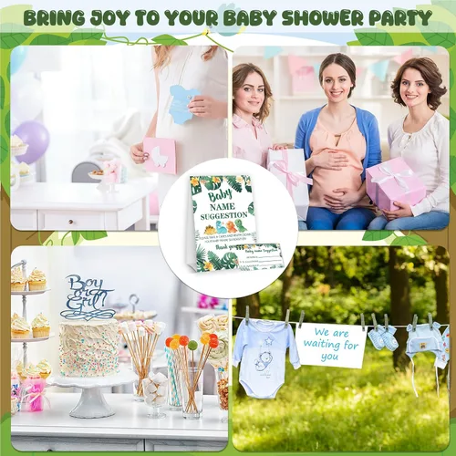 Vista 7 de DETIHO Tarjetas de juego de dinosaurio para baby shower, 1 letrero de sugerencia de nombre de bebé con 50 tarjetas de relleno, juego de fiesta