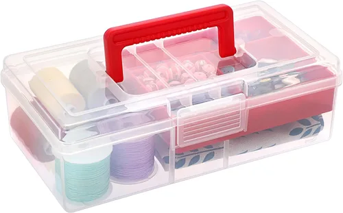 Vista 9 de BTSKY Caja de almacenamiento de plástico transparente con bandeja extraíble, caja de almacenamiento de artículos de papelería multiusos con asa