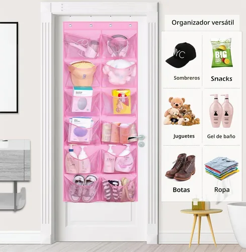 Vista 7 de KIMBORA 12 bolsillos grandes de malla sobre la puerta, organizador de zapatos para armario, zapatero colgante para puerta, zapatillas, Rosa