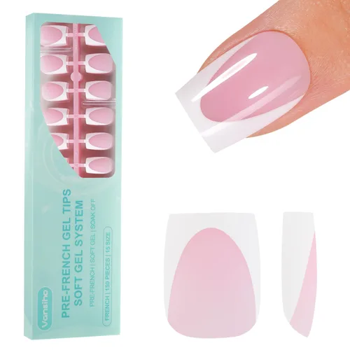 Vista 17 de Vansiho Uñas postizas de gel francés de almendra media, uñas suaves rosadas