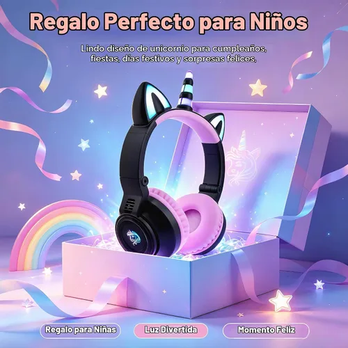 Vista 3 de Auriculares de unicornio para niñas, auriculares Bluetooth de unicornio para niños pequeños, portátil, teléfonos celulares, uso en avión Negro