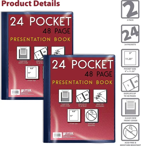 Vista 3 de Better Office Products - Libro de presentación con 24 bolsillos, cubierta frontal transparente, 48 páginas protectoras de hojas, hojas de 8.5 x 11