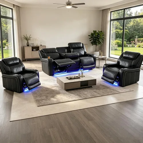 Vista 8 de Pon Living Luxurious Leather Reclining Sofa Set with LED for Living Room