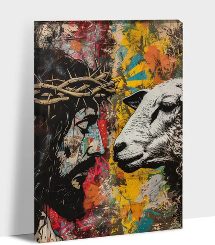 Vista 19 de Arte de pared en lienzo de Jesús y Cordero, Arte de pared en lienzo de Jesús abrazando a un cordero fangoso, Arte de pared cristiano para decoración
