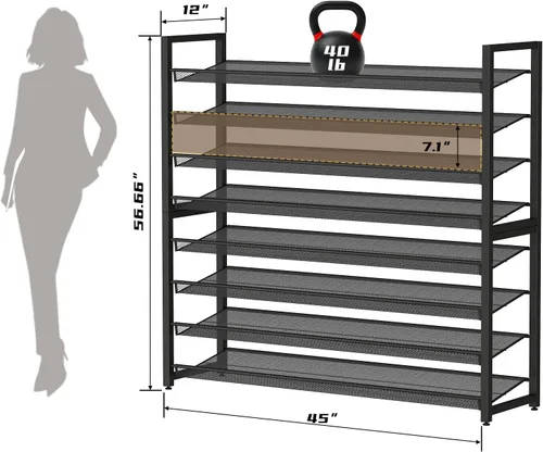 Vista 3 de Zapatero de metal, organizador de zapatos grande de 8 niveles, zapatero vertical de metal resistente de 4 niveles apilable para almacenamiento