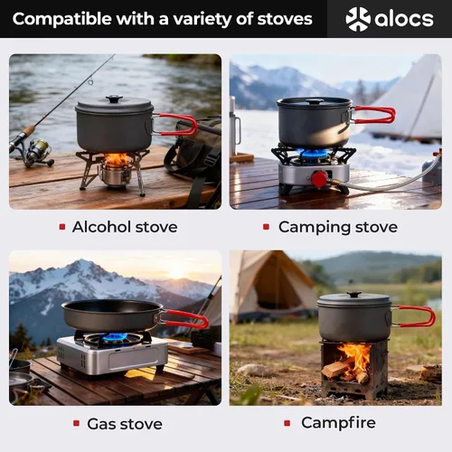 Vista 6 de Alocs Camping Cookware Set Camping Gear, Compact Camping Pots and Pans Set, Durable Hard Alumina Camping Cooking Set for Outdoor Backpacking Camping