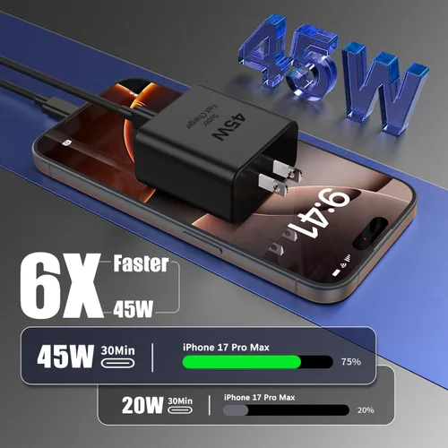 Vista 2 de Cargador para iPhone 17 de carga rápida, paquete de 2 adaptadores de alimentación USB C de 45 W y cable USB C a C de 10 pies tipo C para iPhone 17
