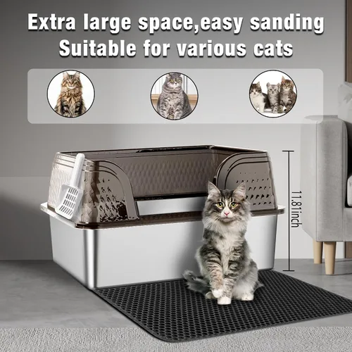 Vista 2 de Suhaco Caja extra grande de arena para gatos de acero inoxidable con tapa XXL Cajas de arena para gatos con lados altos incluidas Alfombrilla