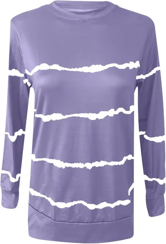 Vista 4 de Camisetas para mujer, blusas de manga larga para mujer, camisas con estampado a rayas, sueltas, sudadera simple con cuello redondo 2023