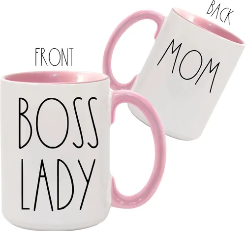 Vista 4 de BOSS LADY Farmhouse - Taza de cerámica de 15 onzas con inspiración estilo flaco Font PINK! Tu texto personalizado en la parte posterior