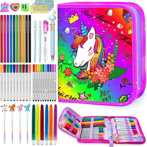Vista 9 de weirtoya 56 marcadores perfumados lavables con estuche con purpurina, arte y manualidades de unicornio de sirena para niños de 4 a 8 años, kits