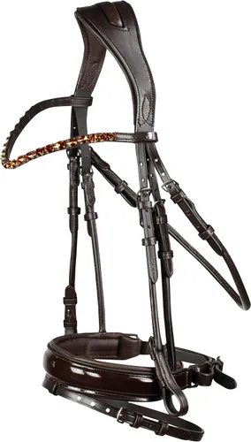 Vista 10 de HORZE Clermont - Brida ergonómica acolchada de cuero genuino para caballos, banda de nariz flash incluida, color negro, caballo