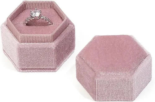 Vista 8 de Caja hexagonal de terciopelo para anillos con doble anillo, elegante caja de almacenamiento de joyas para propuestas, compromiso, aniversario, Blanco