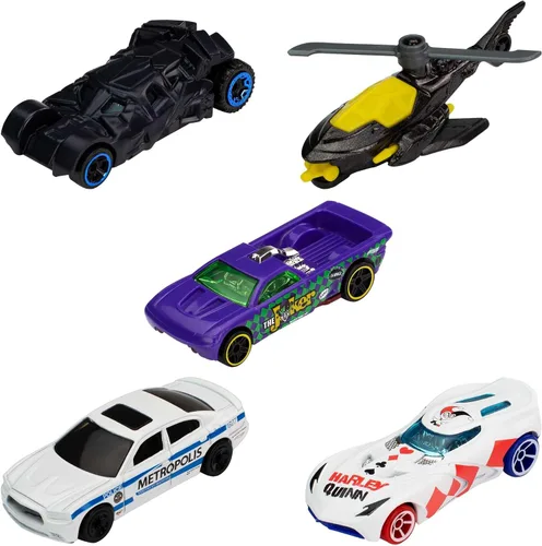 Vista 2 de Hot Wheels Juego de 5 vehículos de juguete de Batman a escala 1:64 de programas de televisión, películas y cómics de Batman