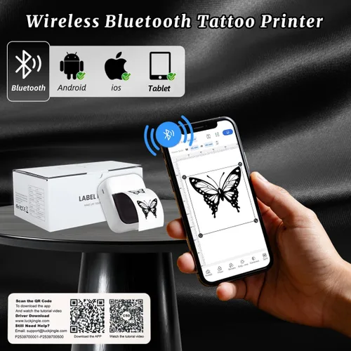 Vista 4 de Bowitzki Mini impresora de plantillas de tatuaje, impresora de tatuaje Bluetooth con 50 piezas de papel de transferencia, máquinas de tatuaje