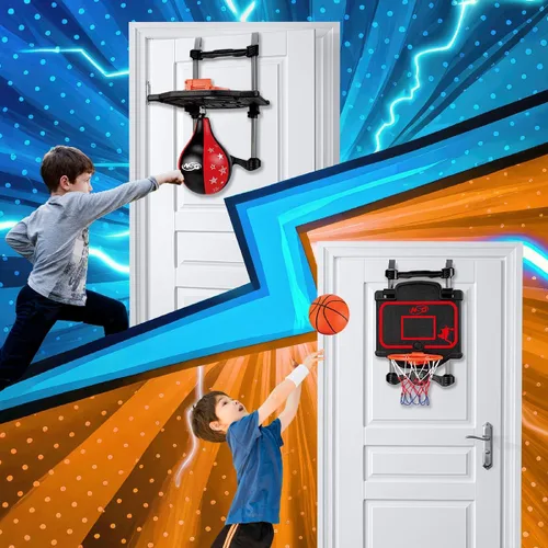 Vista 5 de Combo de baloncesto y boxeo para colocar sobre la puerta, juego 2 en 1 con aro ajustable y bolsa de velocidad, marcador y efectos de sonido
