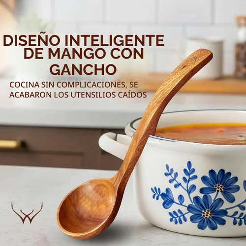 Vista 4 de Prime - Juego de cucharón de madera de teca con soporte para cuchara, cucharón de sopa grande y profundo con mango de gancho para cocinar, servir