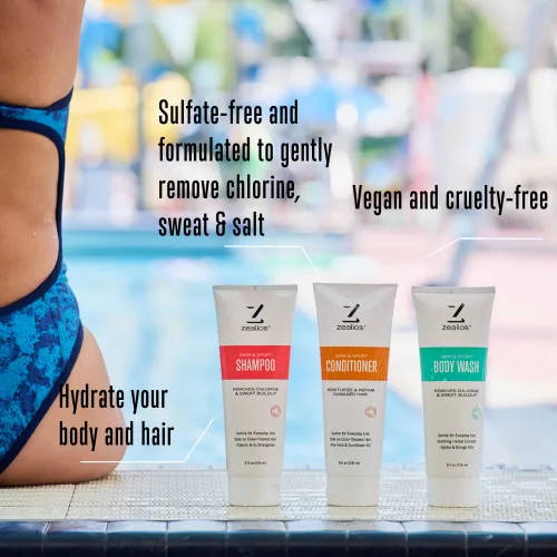 Vista 8 de Zealios Champú de natación y deporte, acondicionador y gel de baño hidratante para aliviar los productos químicos de la piscina