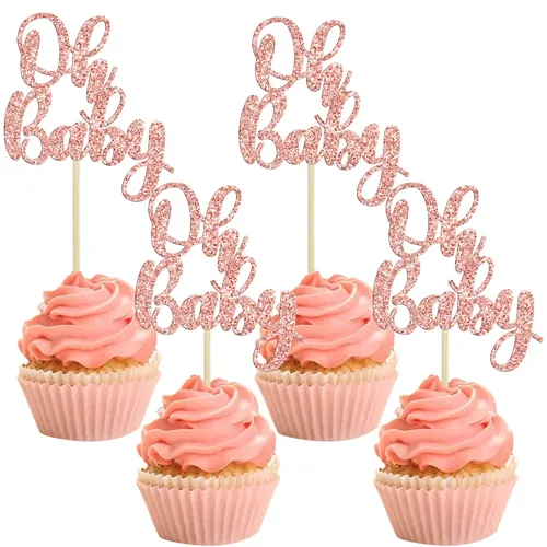 Vista 20 de Gyufise 36 piezas Adornos para cupcakes Oh Baby con moño azul y rosa, brillante dorado, adornos para cupcakes de baby shower, adornos para cupcakes
