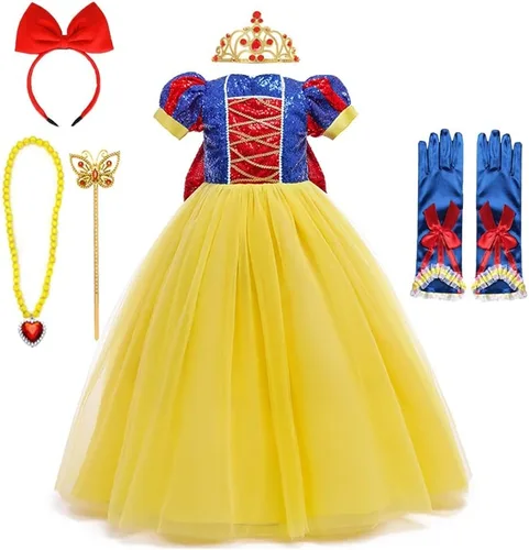 Vista 7 de MYRISAM Disfraz de princesa blanca como la nieve para niñas, Halloween, carnaval, cosplay, Navidad, cumpleaños (con accesorios para capa)
