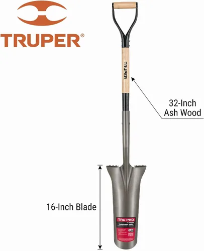 Vista 2 de Truper Tru Pro - Pala de drenaje de 16 pulgadas, mango de madera de fresno prémium de 32 pulgadas con agarre en D, escalones torneados, pala